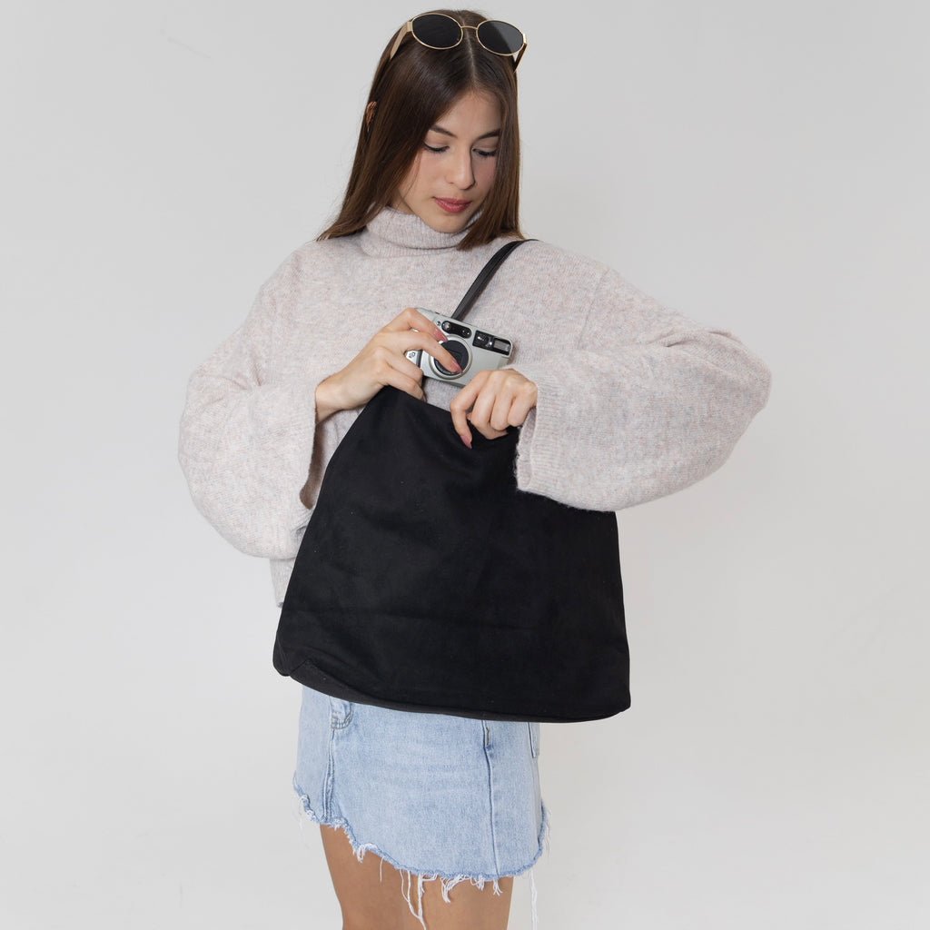 Black Suede-Look Hobo Bag, Single Shoulder Handle