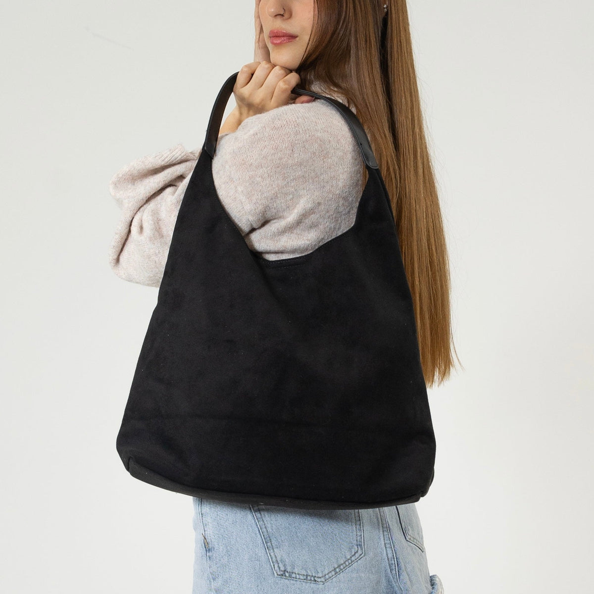 Black Suede-Look Hobo Bag, Single Shoulder Handle