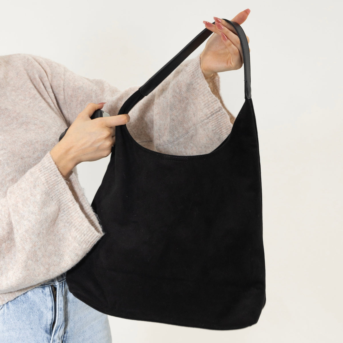 Black Suede-Look Hobo Bag, Single Shoulder Handle