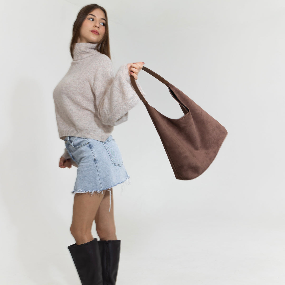 Black Suede-Look Hobo Bag, Single Shoulder Handle