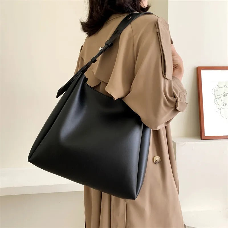 Black Shoulder Hobo Bag, Adjustable Strap, Smooth Leather-Look Finish