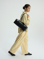 Spacious Vegan Leather Shoulder Bag, Long Knotted Handles, Wide Top Zip