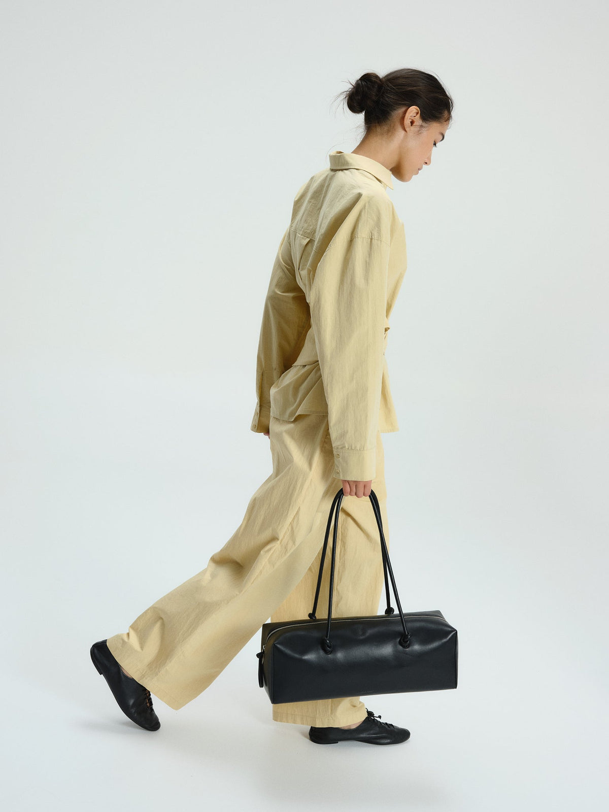 Spacious Vegan Leather Shoulder Bag, Long Knotted Handles, Wide Top Zip