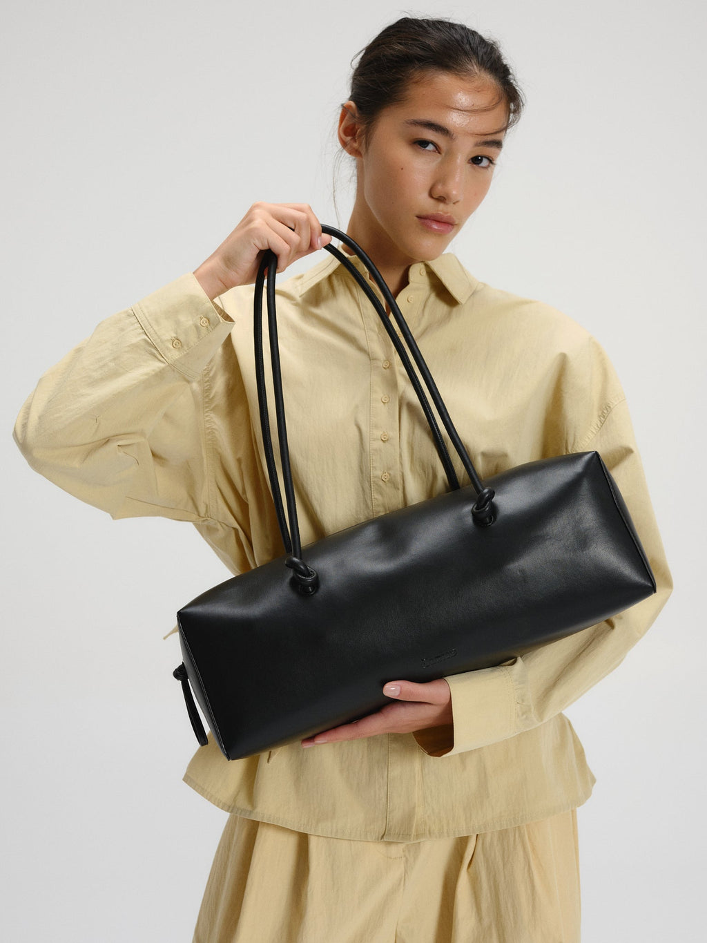 Spacious Vegan Leather Shoulder Bag, Long Knotted Handles, Wide Top Zip