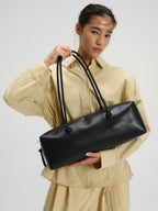 Spacious Vegan Leather Shoulder Bag, Long Knotted Handles, Wide Top Zip