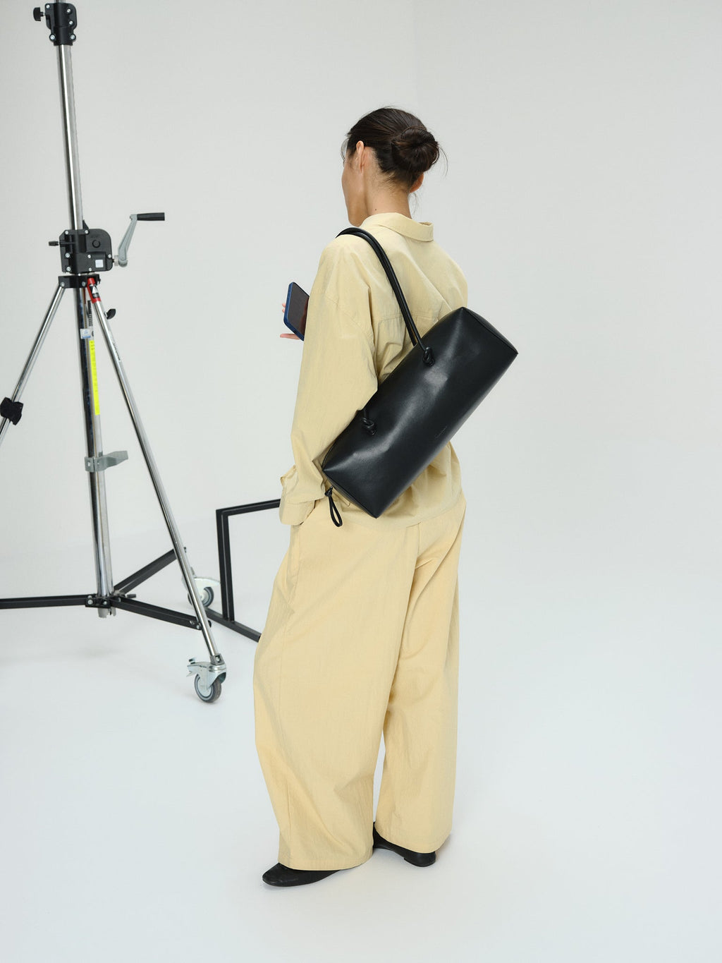 Spacious Vegan Leather Shoulder Bag, Long Knotted Handles, Wide Top Zip
