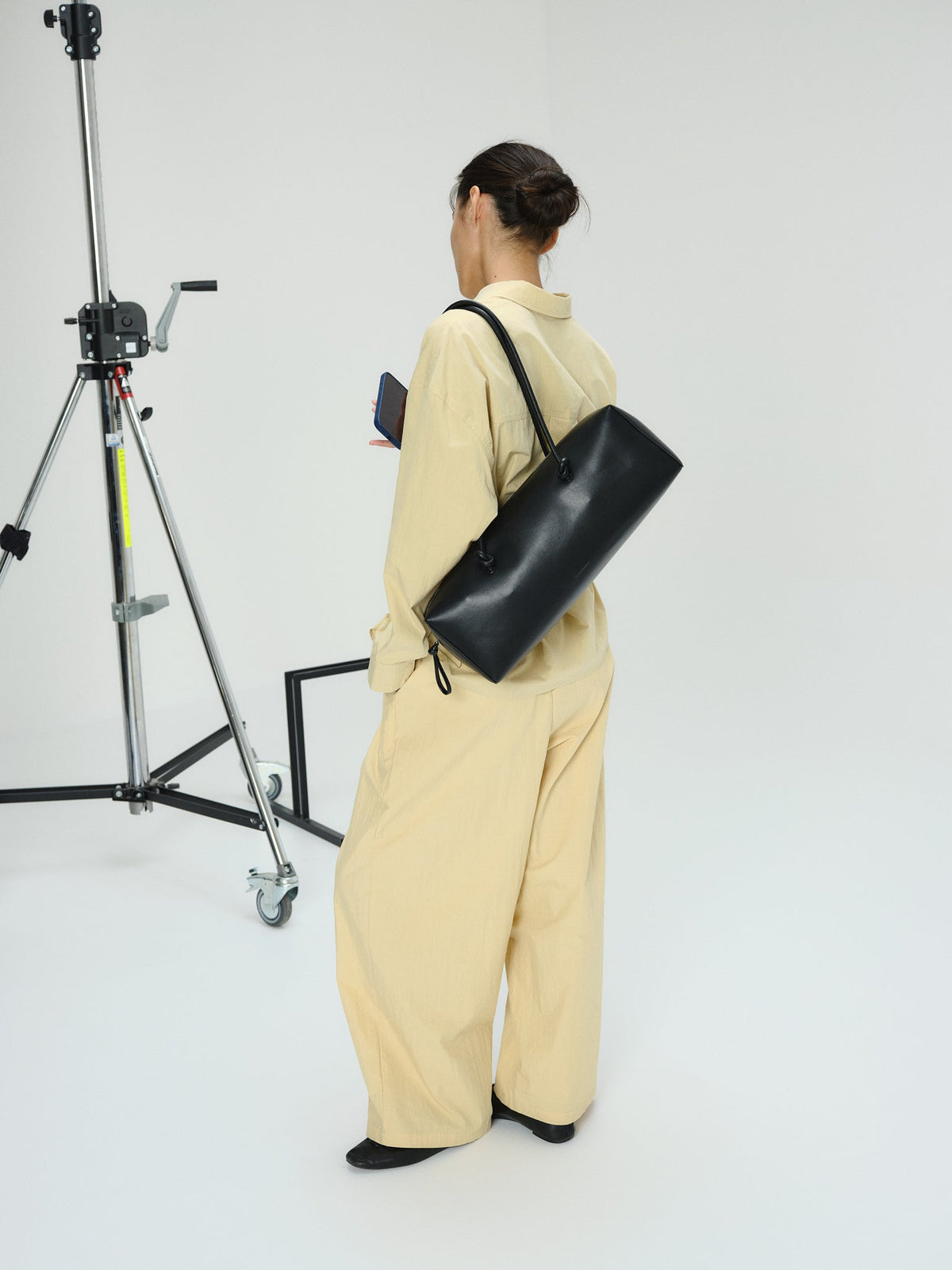 Spacious Vegan Leather Shoulder Bag, Long Knotted Handles, Wide Top Zip