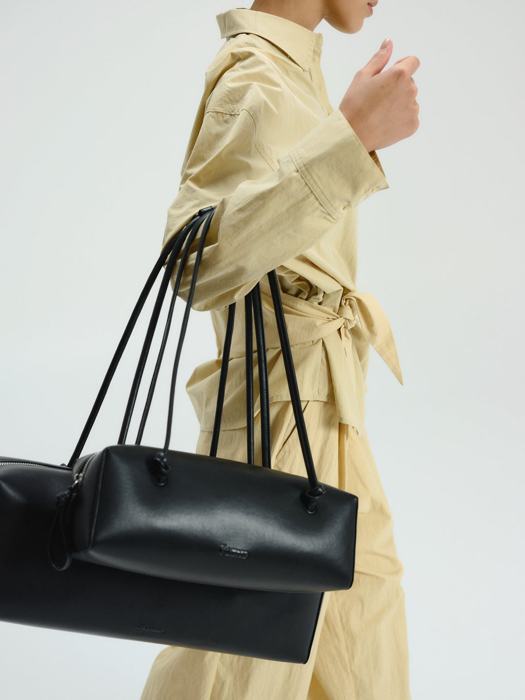 Spacious Vegan Leather Shoulder Bag, Long Knotted Handles, Wide Top Zip