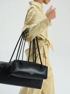 Spacious Vegan Leather Shoulder Bag, Long Knotted Handles, Wide Top Zip