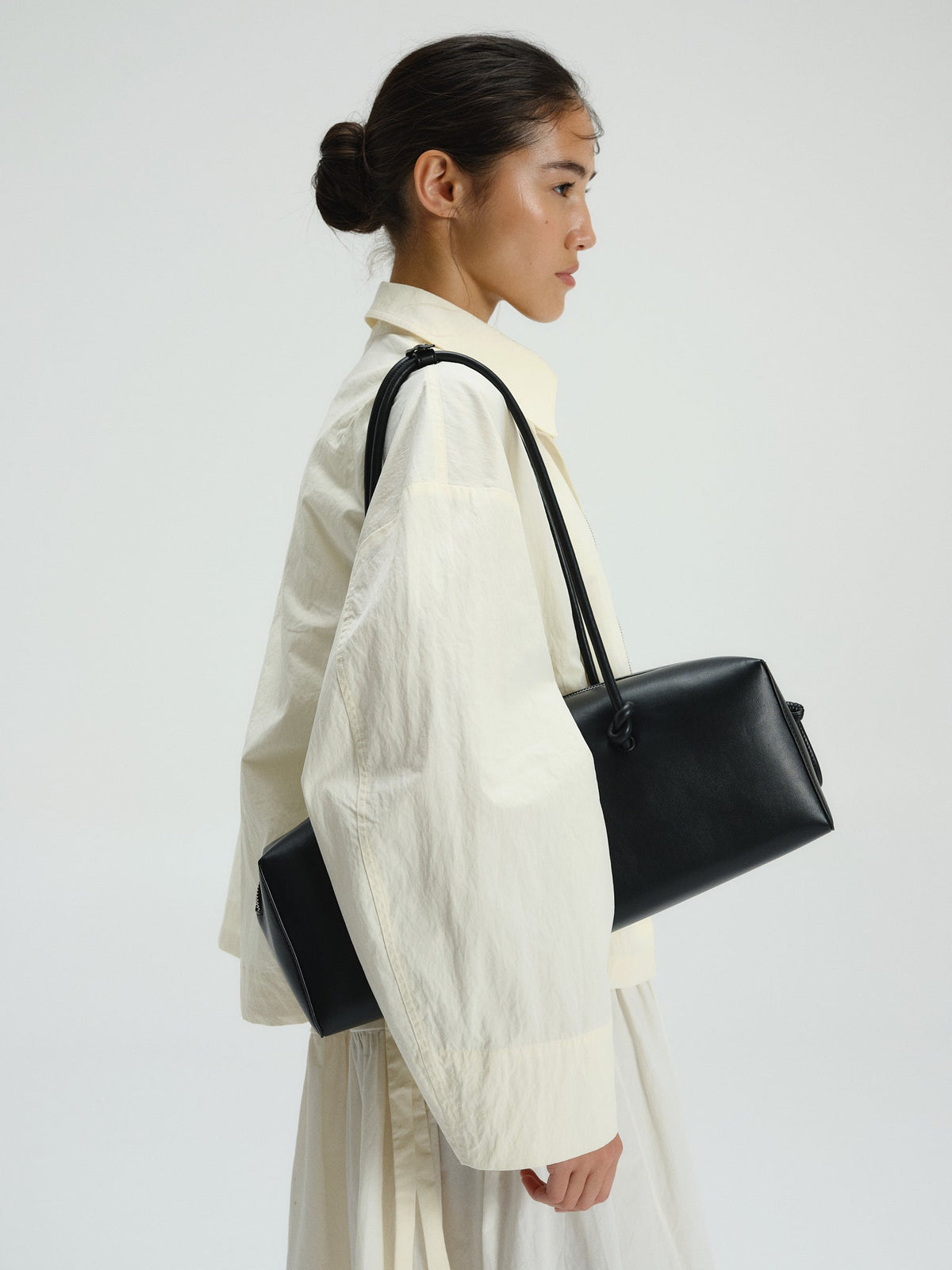 Spacious Vegan Leather Shoulder Bag, Long Knotted Handles, Wide Top Zip