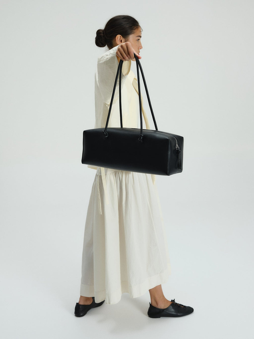 Spacious Vegan Leather Shoulder Bag, Long Knotted Handles, Wide Top Zip