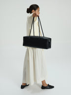 Spacious Vegan Leather Shoulder Bag, Long Knotted Handles, Wide Top Zip