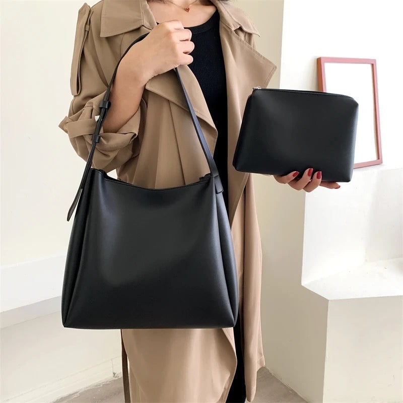 Black Shoulder Hobo Bag, Adjustable Strap, Smooth Leather-Look Finish