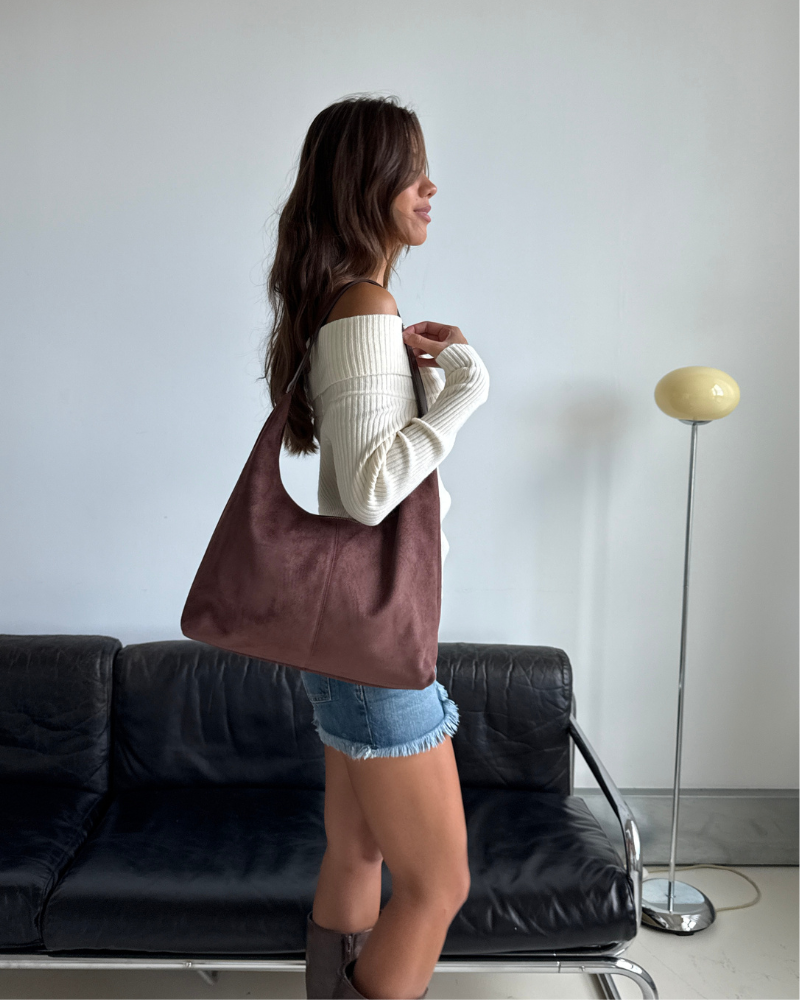 Suede-Look Hobo Bag, Zip Closure, Single Shoulder Handle