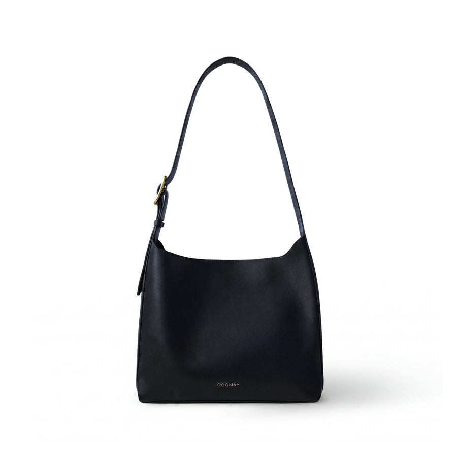 Sac hobo noir à épaule, boucle dorée, aspect cuir lisse