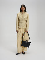 Petit sac repliable – Petit sac souple en cuir végétalien, double anse nouée à la main, fermeture éclair