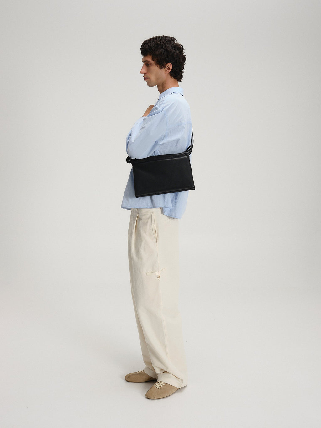Petit sac repliable – Petit sac souple en cuir végétalien, double anse nouée à la main, fermeture éclair