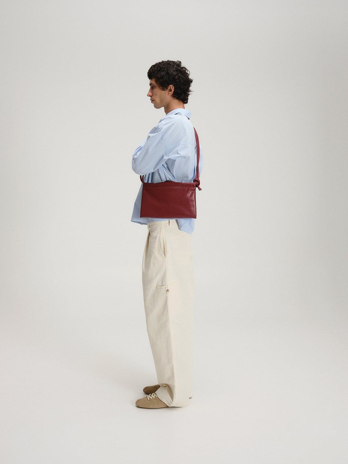 Petit sac repliable – Petit sac souple en cuir végétalien, double anse nouée à la main, fermeture éclair