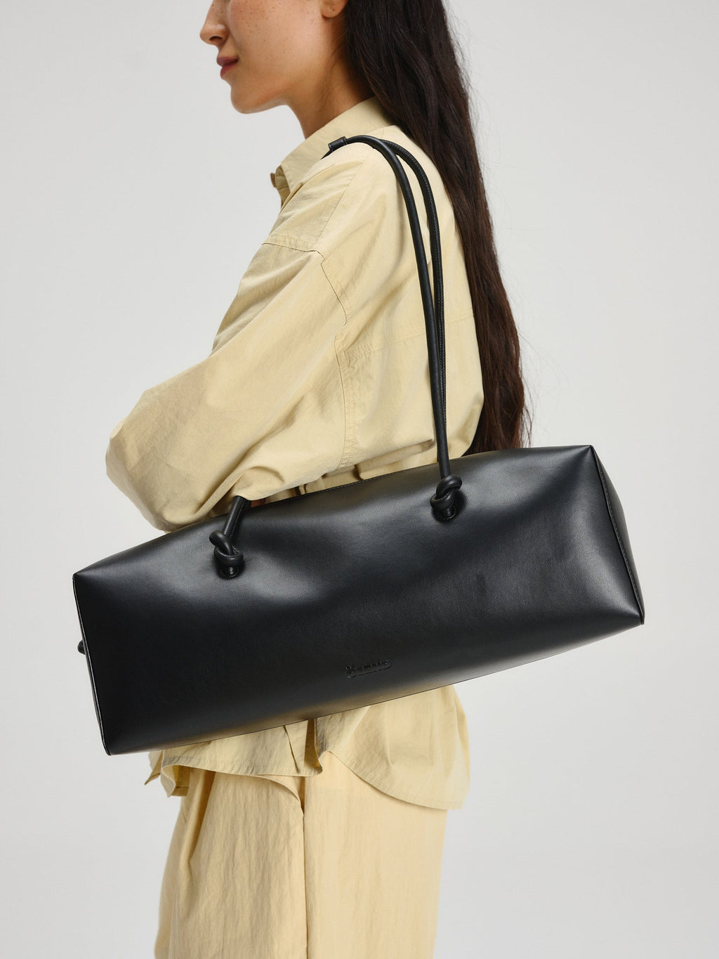 Spacious Vegan Leather Shoulder Bag, Long Knotted Handles, Wide Top Zip