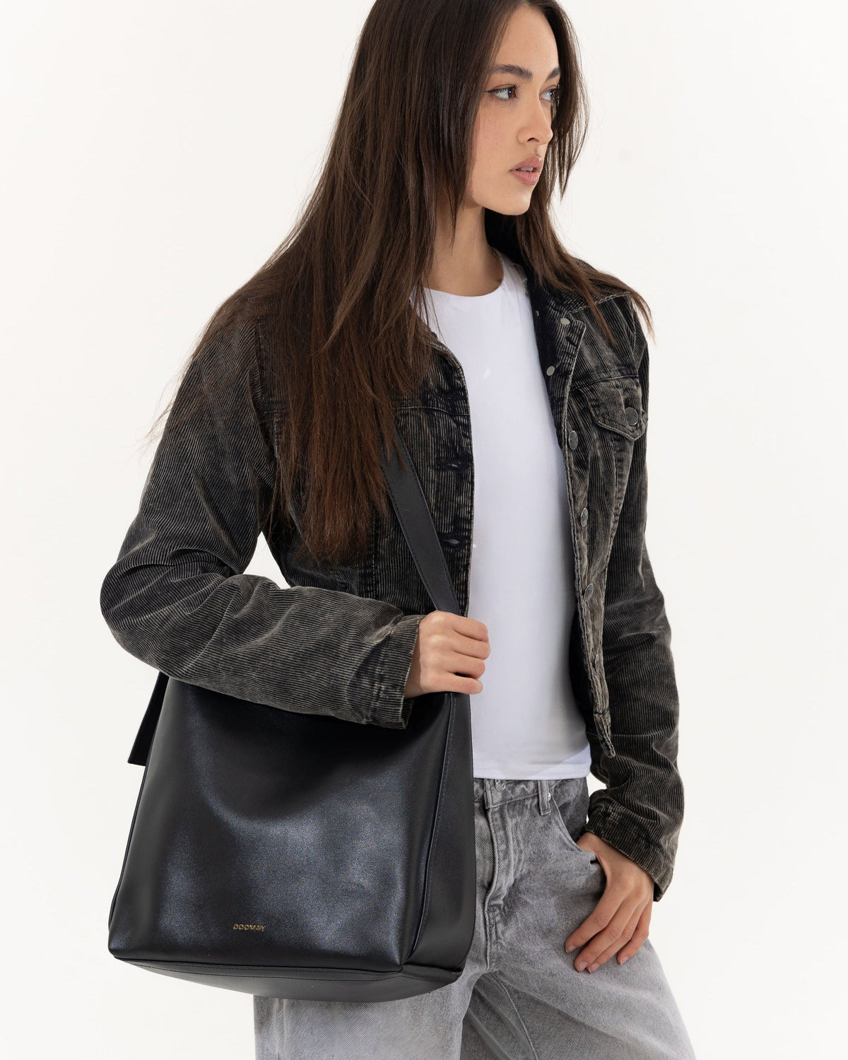 Black Shoulder Hobo Bag, Gold-Tone Buckle, Smooth Leather-Look Finish