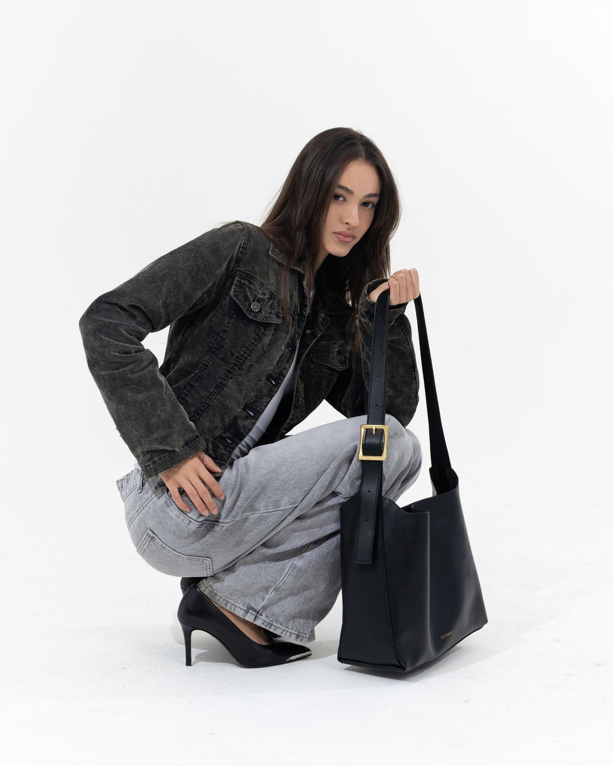 Black Shoulder Hobo Bag, Gold-Tone Buckle, Smooth Leather-Look Finish
